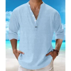 Best OUKU Men's Shirt Popover Shirt Summer Shirt Casual Shirt Beach Shirt Black White Pink Navy Blue Sky Blue Long Sleeve Plain Lapel Vacation Hawaiian Clothing Apparel Cotton Blend Fashion Casual Comfortable