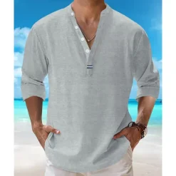Best OUKU Men's Shirt Popover Shirt Summer Shirt Casual Shirt Beach Shirt Black White Pink Navy Blue Sky Blue Long Sleeve Plain Lapel Vacation Hawaiian Clothing Apparel Cotton Blend Fashion Casual Comfortable