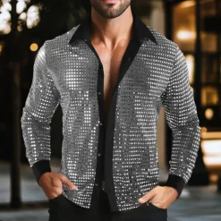 Discount OUKU Men's Shirt Prom Shirt Disco Shirt Silver Black Gold Long Sleeve Sequin Collar Performance Party Evening Wear Sequins Clothing Apparel Fashion Casual