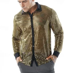 Discount OUKU Men's Shirt Prom Shirt Disco Shirt Silver Black Gold Long Sleeve Sequin Collar Performance Party Evening Wear Sequins Clothing Apparel Fashion Casual