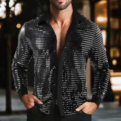 Discount OUKU Men's Shirt Prom Shirt Disco Shirt Silver Black Gold Long Sleeve Sequin Collar Performance Party Evening Wear Sequins Clothing Apparel Fashion Casual