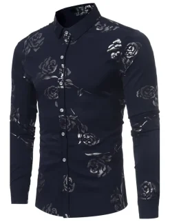 Best OUKU Men's Shirt Prom Shirt Floral Party Valentine's Day Long Sleeve Classic Collar Clothing Apparel Print Black