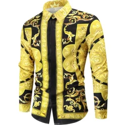 Hot OUKU Men's Shirt Prom Shirt Geometric Holiday Beach Yellow Orange Gold Long Sleeve Classic Collar Spring & Fall Clothing Apparel Print