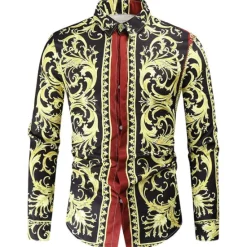 Hot OUKU Men's Shirt Prom Shirt Geometric Holiday Beach Yellow Orange Gold Long Sleeve Classic Collar Spring & Fall Clothing Apparel Print