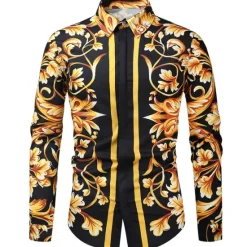 Hot OUKU Men's Shirt Prom Shirt Geometric Holiday Beach Yellow Orange Gold Long Sleeve Classic Collar Spring & Fall Clothing Apparel Print