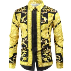 Hot OUKU Men's Shirt Prom Shirt Geometric Holiday Beach Yellow Orange Gold Long Sleeve Classic Collar Spring & Fall Clothing Apparel Print