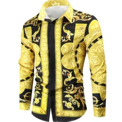 Hot OUKU Men's Shirt Prom Shirt Geometric Holiday Beach Yellow Orange Gold Long Sleeve Classic Collar Spring & Fall Clothing Apparel Print
