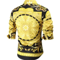 Hot OUKU Men's Shirt Prom Shirt Geometric Holiday Beach Yellow Orange Gold Long Sleeve Classic Collar Spring & Fall Clothing Apparel Print
