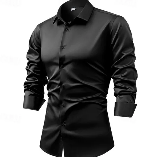 Outlet OUKU Men's Shirt Satin Shirt Casual Shirt Button Up Shirt Plain Wedding Vacation Black Red Royal Blue Green Long Sleeve Collar Fall Spring & Summer Clothing Apparel