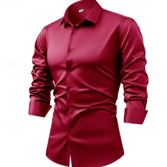 Outlet OUKU Men's Shirt Satin Shirt Casual Shirt Button Up Shirt Plain Wedding Vacation Black Red Royal Blue Green Long Sleeve Collar Fall Spring & Summer Clothing Apparel