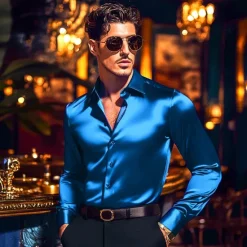 OUKU Men's Shirt Satin Shirt Casual Shirt Button Up Shirt Plain Wedding Vacation Black White Wine Navy Blue Long Sleeve Lapel Spring & Fall Clothing Apparel