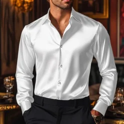 OUKU Men's Shirt Satin Shirt Casual Shirt Button Up Shirt Plain Wedding Vacation Black White Wine Navy Blue Long Sleeve Lapel Spring & Fall Clothing Apparel