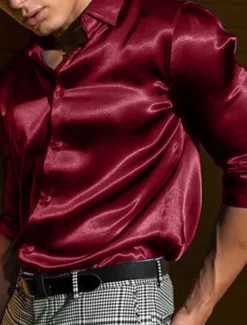 OUKU Men's Shirt Satin Shirt Casual Shirt Button Up Shirt Plain Wedding Vacation Black White Blue Red Long Sleeve Lapel Spring & Summer Clothing Apparel