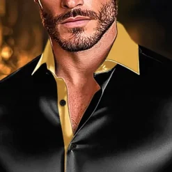 New OUKU Men's Shirt Satin Shirt Casual Shirt Button Up Shirt Disco Shirt Patchwork Performance Wedding Black White Wine Green Long Sleeve Lapel Spring & Fall Clothing Apparel Patchwork
