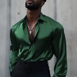 New OUKU Men's Shirt Satin Shirt Casual Shirt Button Up Shirt Plain Wedding Vacation Black White Wine Blue Long Sleeve Lapel Spring & Fall Clothing Apparel Buttons
