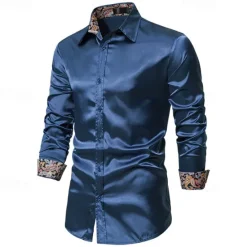 Outlet OUKU Men's Shirt Satin Shirt Casual Shirt Button Up Shirt Paisley Wedding Vacation Black Champagne Navy Blue Long Sleeve Collar Spring & Fall Clothing Apparel
