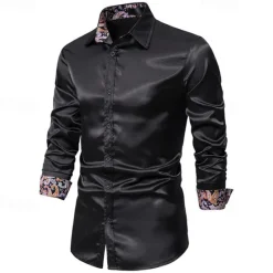 Outlet OUKU Men's Shirt Satin Shirt Casual Shirt Button Up Shirt Paisley Wedding Vacation Black Champagne Navy Blue Long Sleeve Collar Spring & Fall Clothing Apparel