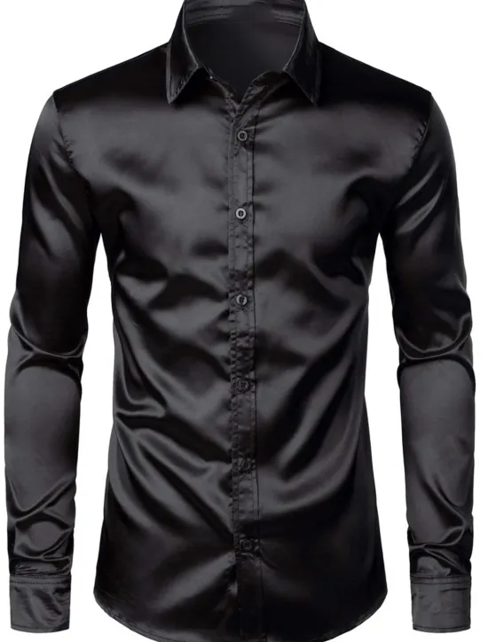Online OUKU Men's Shirt Satin Shirt Casual Shirt Button Up Shirt Plain Wedding Vacation Black White Wine Blue Long Sleeve Lapel Spring & Summer Clothing Apparel