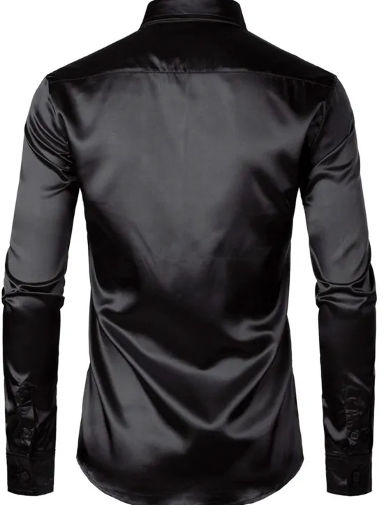 Online OUKU Men's Shirt Satin Shirt Casual Shirt Button Up Shirt Plain Wedding Vacation Black White Wine Blue Long Sleeve Lapel Spring & Summer Clothing Apparel