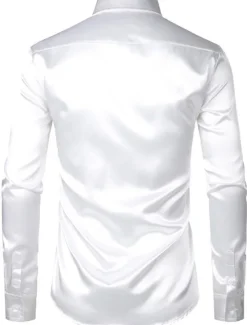 Online OUKU Men's Shirt Satin Shirt Casual Shirt Button Up Shirt Plain Wedding Vacation Black White Wine Blue Long Sleeve Lapel Spring & Summer Clothing Apparel