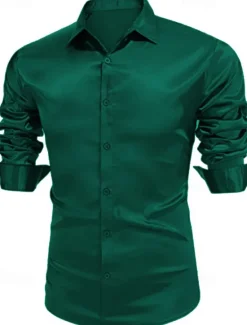 Online OUKU Men's Shirt Satin Shirt Casual Shirt Button Up Shirt Plain Wedding Vacation Black White Wine Blue Long Sleeve Lapel Spring & Summer Clothing Apparel
