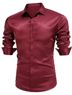 Online OUKU Men's Shirt Satin Shirt Casual Shirt Button Up Shirt Plain Wedding Vacation Black White Wine Blue Long Sleeve Lapel Spring & Summer Clothing Apparel