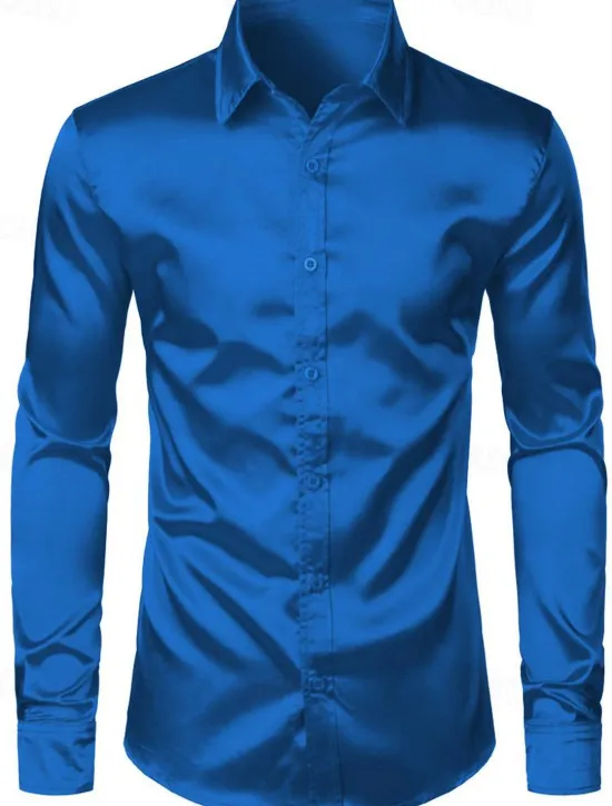 Online OUKU Men's Shirt Satin Shirt Casual Shirt Button Up Shirt Plain Wedding Vacation Black White Wine Blue Long Sleeve Lapel Spring & Summer Clothing Apparel