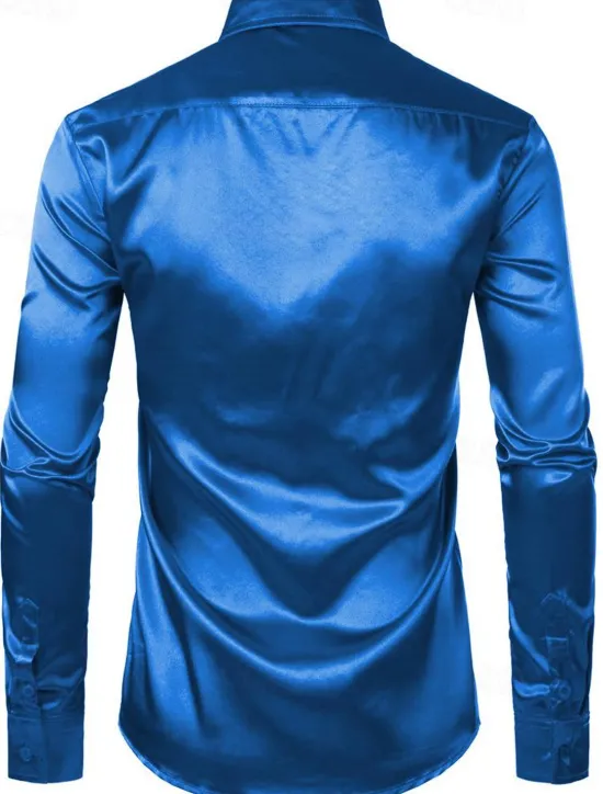 Online OUKU Men's Shirt Satin Shirt Casual Shirt Button Up Shirt Plain Wedding Vacation Black White Wine Blue Long Sleeve Lapel Spring & Summer Clothing Apparel