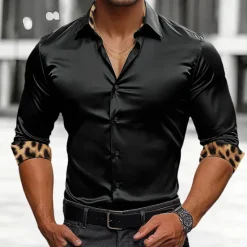 Clearance OUKU Men's Shirt Satin Shirt Casual Shirt Button Up Shirt Leopard Wedding Vacation Black White Wine Green Long Sleeve Lapel Spring & Fall Clothing Apparel Patchwork