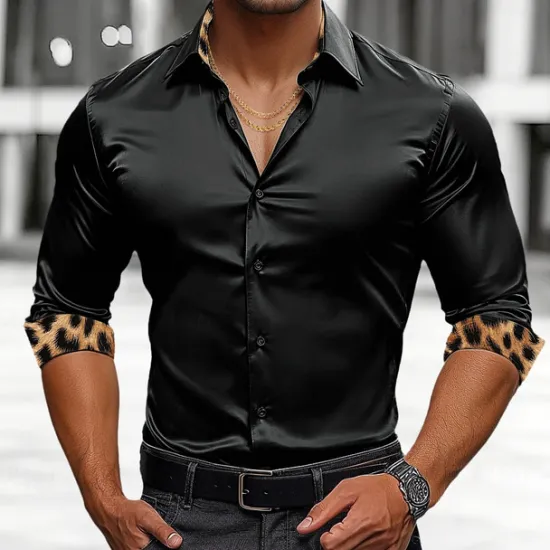 Clearance OUKU Men's Shirt Satin Shirt Casual Shirt Button Up Shirt Leopard Wedding Vacation Black White Wine Green Long Sleeve Lapel Spring & Fall Clothing Apparel Patchwork