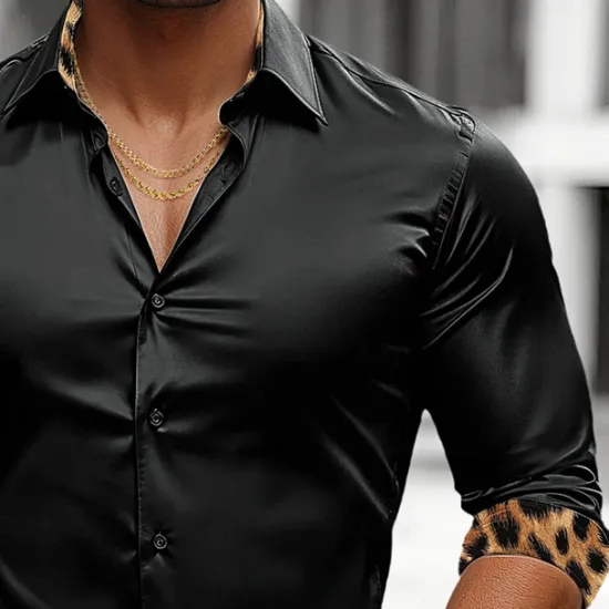 Clearance OUKU Men's Shirt Satin Shirt Casual Shirt Button Up Shirt Leopard Wedding Vacation Black White Wine Green Long Sleeve Lapel Spring & Fall Clothing Apparel Patchwork