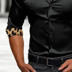 Clearance OUKU Men's Shirt Satin Shirt Casual Shirt Button Up Shirt Leopard Wedding Vacation Black White Wine Green Long Sleeve Lapel Spring & Fall Clothing Apparel Patchwork