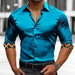 Clearance OUKU Men's Shirt Satin Shirt Casual Shirt Button Up Shirt Leopard Wedding Vacation Black White Wine Green Long Sleeve Lapel Spring & Fall Clothing Apparel Patchwork