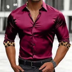 Clearance OUKU Men's Shirt Satin Shirt Casual Shirt Button Up Shirt Leopard Wedding Vacation Black White Wine Green Long Sleeve Lapel Spring & Fall Clothing Apparel Patchwork