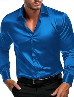 Online OUKU Men's Shirt Satin Shirt Casual Shirt Button Up Shirt Plain Wedding Vacation Black White Wine Navy Blue Long Sleeve Lapel Spring & Fall Clothing Apparel
