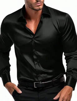 Online OUKU Men's Shirt Satin Shirt Casual Shirt Button Up Shirt Plain Wedding Vacation Black White Wine Navy Blue Long Sleeve Lapel Spring & Fall Clothing Apparel