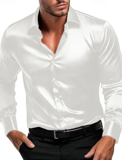 Online OUKU Men's Shirt Satin Shirt Casual Shirt Button Up Shirt Plain Wedding Vacation Black White Wine Navy Blue Long Sleeve Lapel Spring & Fall Clothing Apparel