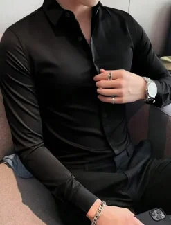 Online OUKU Men's Shirt Satin Shirt Casual Shirt Button Up Shirt Plain Wedding Vacation Black White Wine Navy Blue Long Sleeve Lapel Spring & Fall Clothing Apparel