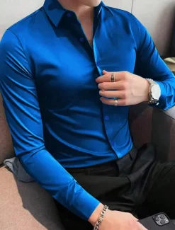 Online OUKU Men's Shirt Satin Shirt Casual Shirt Button Up Shirt Plain Wedding Vacation Black White Wine Navy Blue Long Sleeve Lapel Spring & Fall Clothing Apparel