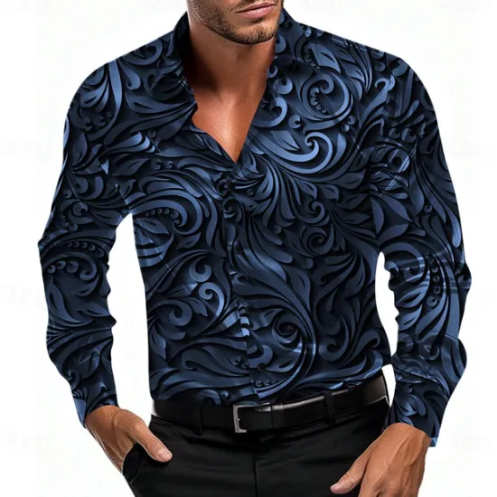 Best OUKU Men's Shirt Satin Shirt Dress Shirt Button Up Shirt Floral Party Evening Wear Red Blue Gold Gray Long Sleeve Turndown Summer Spring Clothing Apparel Button Up