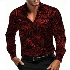 Best OUKU Men's Shirt Satin Shirt Dress Shirt Button Up Shirt Floral Party Evening Wear Red Blue Gold Gray Long Sleeve Turndown Summer Spring Clothing Apparel Button Up