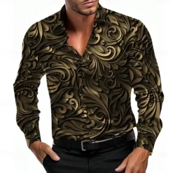 Best OUKU Men's Shirt Satin Shirt Dress Shirt Button Up Shirt Floral Party Evening Wear Red Blue Gold Gray Long Sleeve Turndown Summer Spring Clothing Apparel Button Up