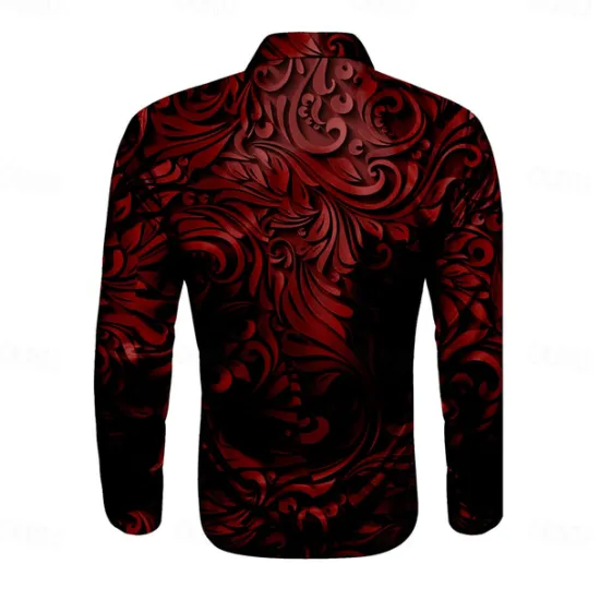 Best OUKU Men's Shirt Satin Shirt Dress Shirt Button Up Shirt Floral Party Evening Wear Red Blue Gold Gray Long Sleeve Turndown Summer Spring Clothing Apparel Button Up