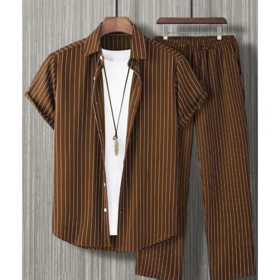 Best OUKU Men's Shirt Set T-shirt Suits 2 Pieces Outfits Tee & Shorts Short Sleeve Shirt Collar Summer Stripes Fashion Casual 2 Piece Vacation Daily Wear Going out Black Red Brown Top Tee for Men