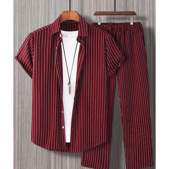Best OUKU Men's Shirt Set T-shirt Suits 2 Pieces Outfits Tee & Shorts Short Sleeve Shirt Collar Summer Stripes Fashion Casual 2 Piece Vacation Daily Wear Going out Black Red Brown Top Tee for Men