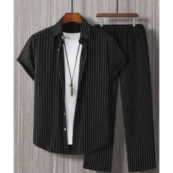 Best OUKU Men's Shirt Set T-shirt Suits 2 Pieces Outfits Tee & Shorts Short Sleeve Shirt Collar Summer Stripes Fashion Casual 2 Piece Vacation Daily Wear Going out Black Red Brown Top Tee for Men
