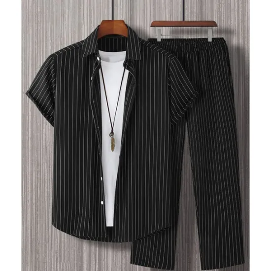 Best OUKU Men's Shirt Set T-shirt Suits 2 Pieces Outfits Tee & Shorts Short Sleeve Shirt Collar Summer Stripes Fashion Casual 2 Piece Vacation Daily Wear Going out Black Red Brown Top Tee for Men
