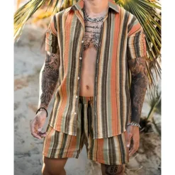 Hot OUKU Men's Shirt Set T-shirt Suits 2 Pieces Outfits Tee & Shorts Short Sleeve Shirt Collar Summer Stripes Fashion Casual 2 Piece Vacation Daily Wear Going out Blue Orange Top Tee for Men