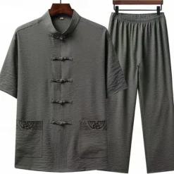 Outlet OUKU Men's Shirt Shirt Set Summer Shirt Casual Shirt Beach Shirt Button Up Shirt White Navy Blue Green Light Grey Dark Gray Short Sleeve Plain Stand Collar Vacation Hawaiian 2 Piece Clothing Apparel