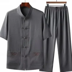 Outlet OUKU Men's Shirt Shirt Set Summer Shirt Casual Shirt Beach Shirt Button Up Shirt White Navy Blue Green Light Grey Dark Gray Short Sleeve Plain Stand Collar Vacation Hawaiian 2 Piece Clothing Apparel